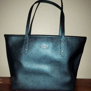 Coach Metalic Blue-Green Purse, 14" in width, 6 in at the base, 10" tall.